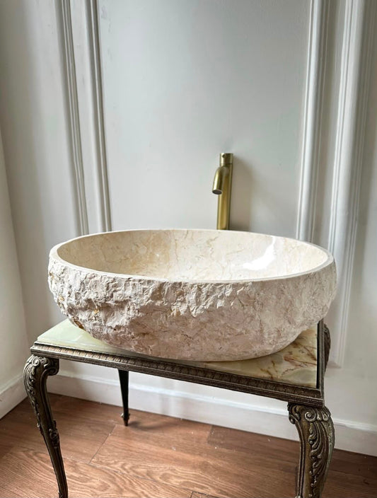 Handcarved Oval Natural Marble Vessel Sink | Rustic Natural Stone Luxury Bathroom Basin | Wabi Sabi Washbasin for Vanity