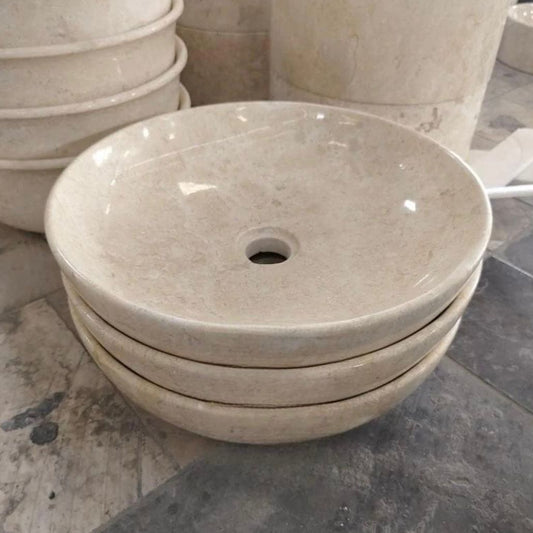 Handmade Beige Marble Vessel Sink – Polished Round Stone Basin