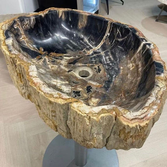 Petrified Wood Stone Sink – Natural Fossil Bathroom Vessel Basin | Rustic Vanity Bowl | Travertine Sink with size 60x40x15