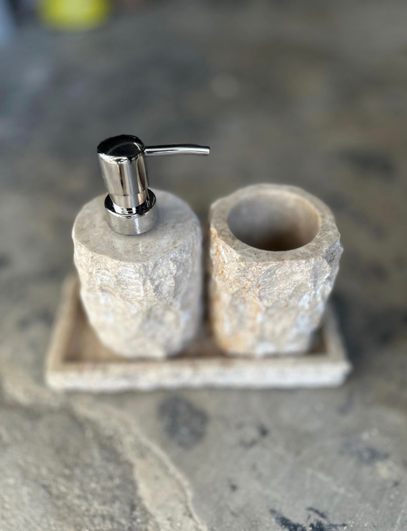 Marble Bathroom Accessory Set of 3 | Wabi Sabi Rustic Soap Dispenser Set with Tray | Housewarming Gift | Gift for Mom