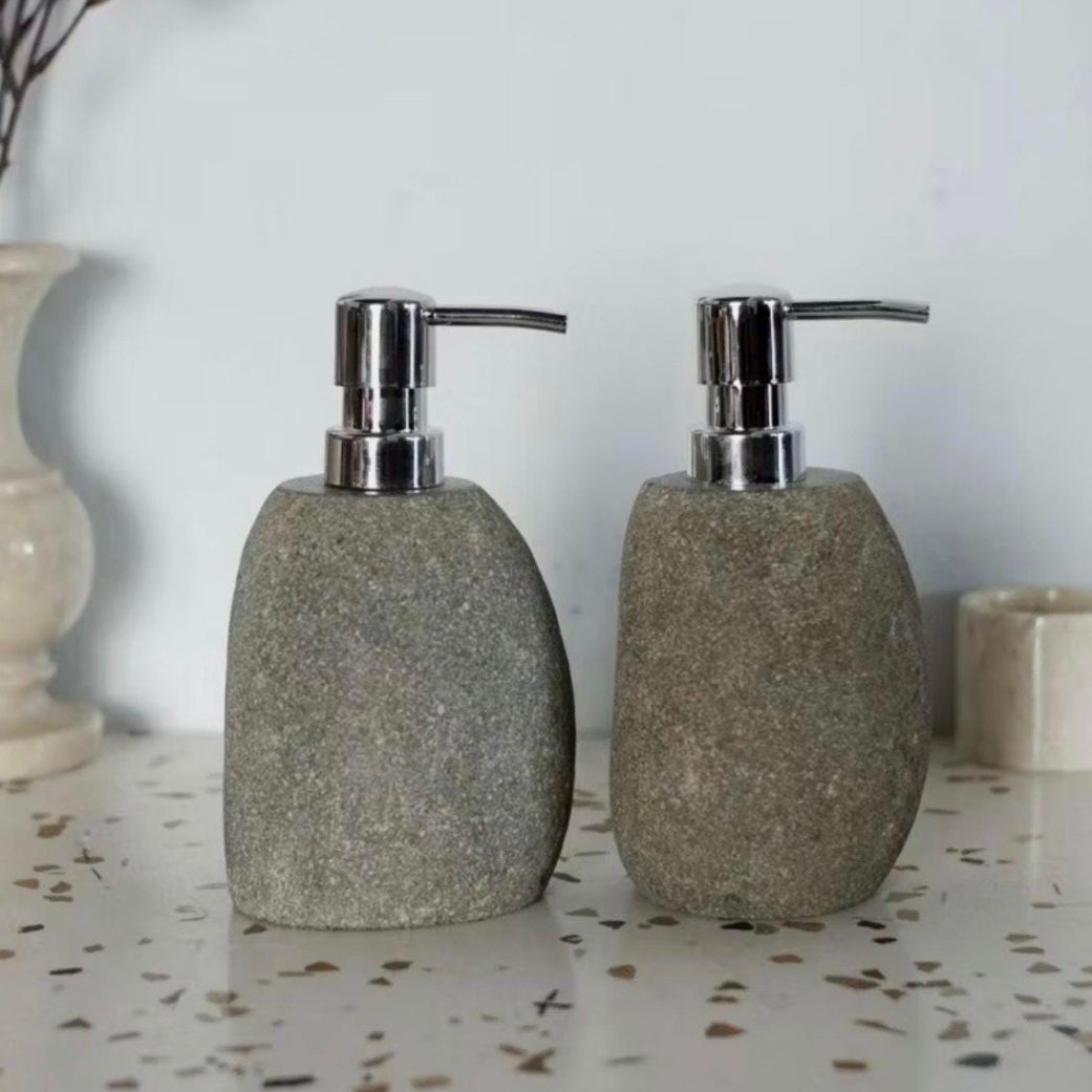 Natural River Stone Bathroom Set – Rustic Soap Dispenser | Shampoo Bottle