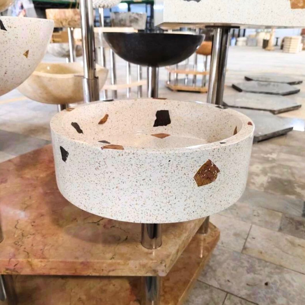 Handmade Round Terrazzo Concrete Vessel Sink β Cream Stone Modern Luxury Bathroom Basin
