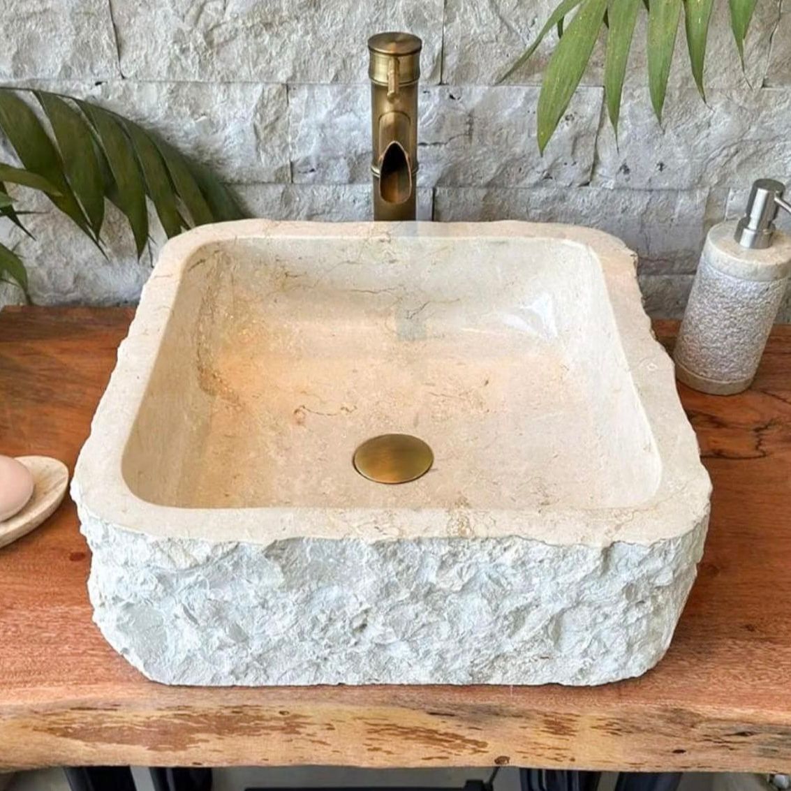 Marble Square Vessel Sink | Natural Stone Wabi Sabi Japandi Washbasin | Hand Carved Bathroom Vanity Basin