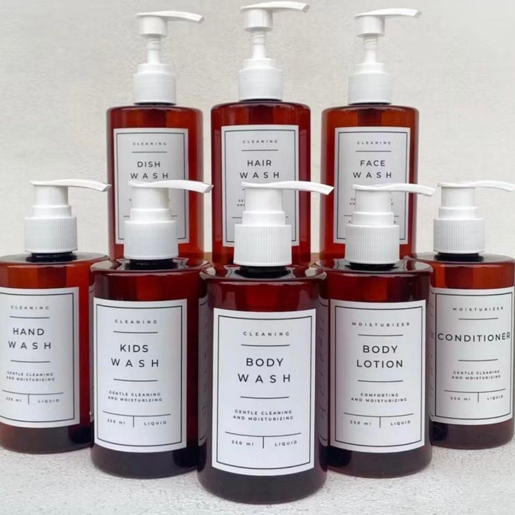 Set of 2 Hotel Style Soap Dispenser Set | Luxury Amber Bathroom Accessories | Refillable Pump Bottle for Hand Wash, Shampoo & Lotion