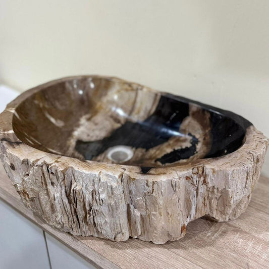 Petrified Wood Stone Sink – Natural Fossil Bathroom Vessel Basin | Rustic Vanity Bowl | Travertine Sink with size 60x40x15