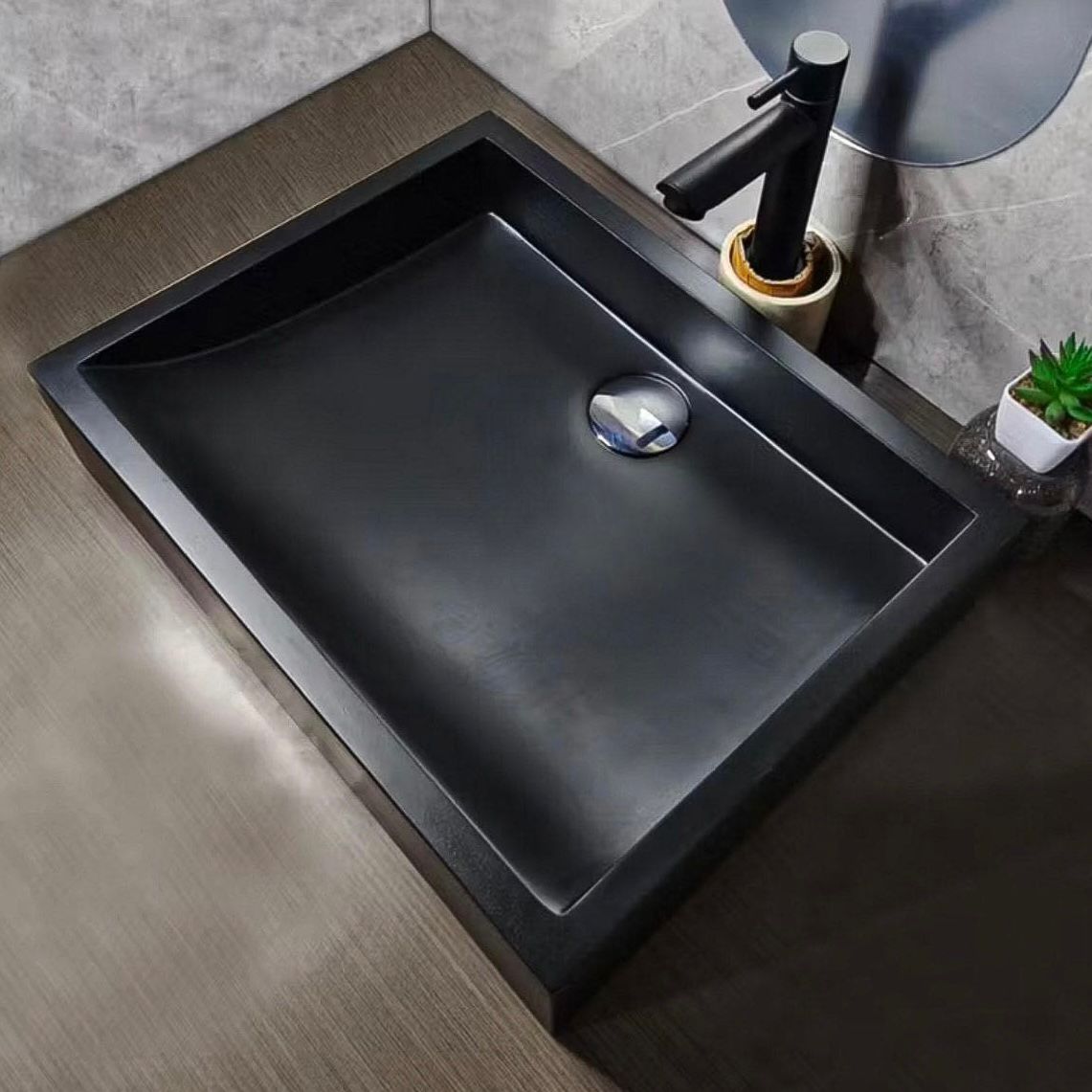 Black Concrete Sink – Handmade Rectangular Terazzo Bathroom Basin, Modern Minimalist Concrete Washbasin