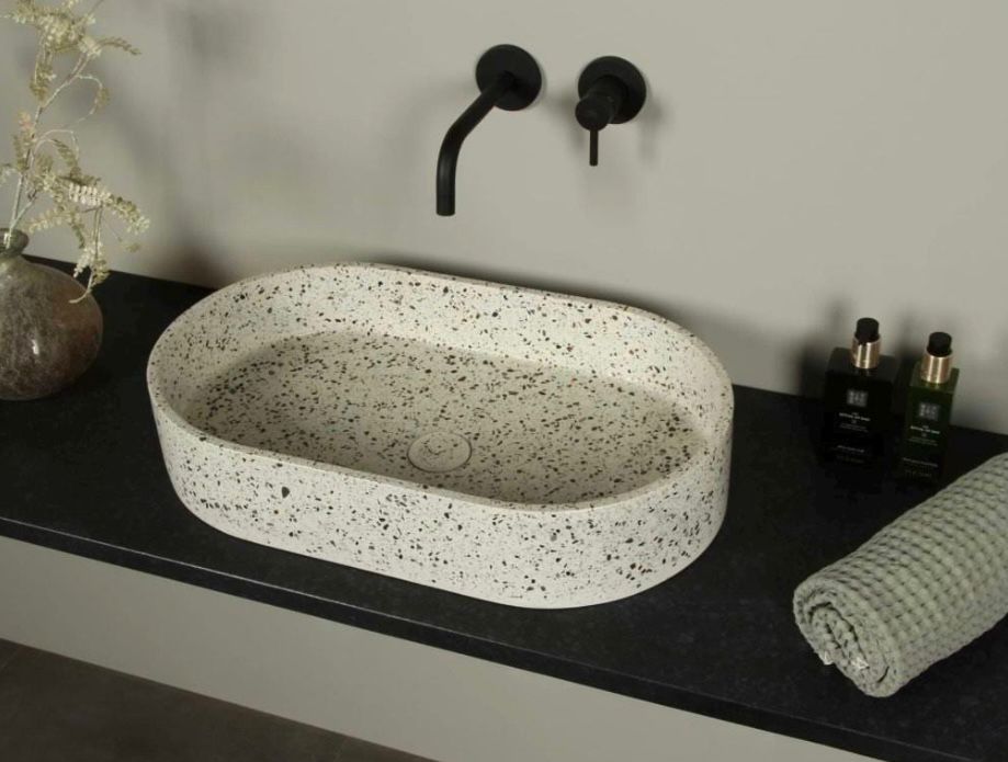 Large Terazzo Sink - Handmade Oval Concrete Wash Basin 50 x 35cm