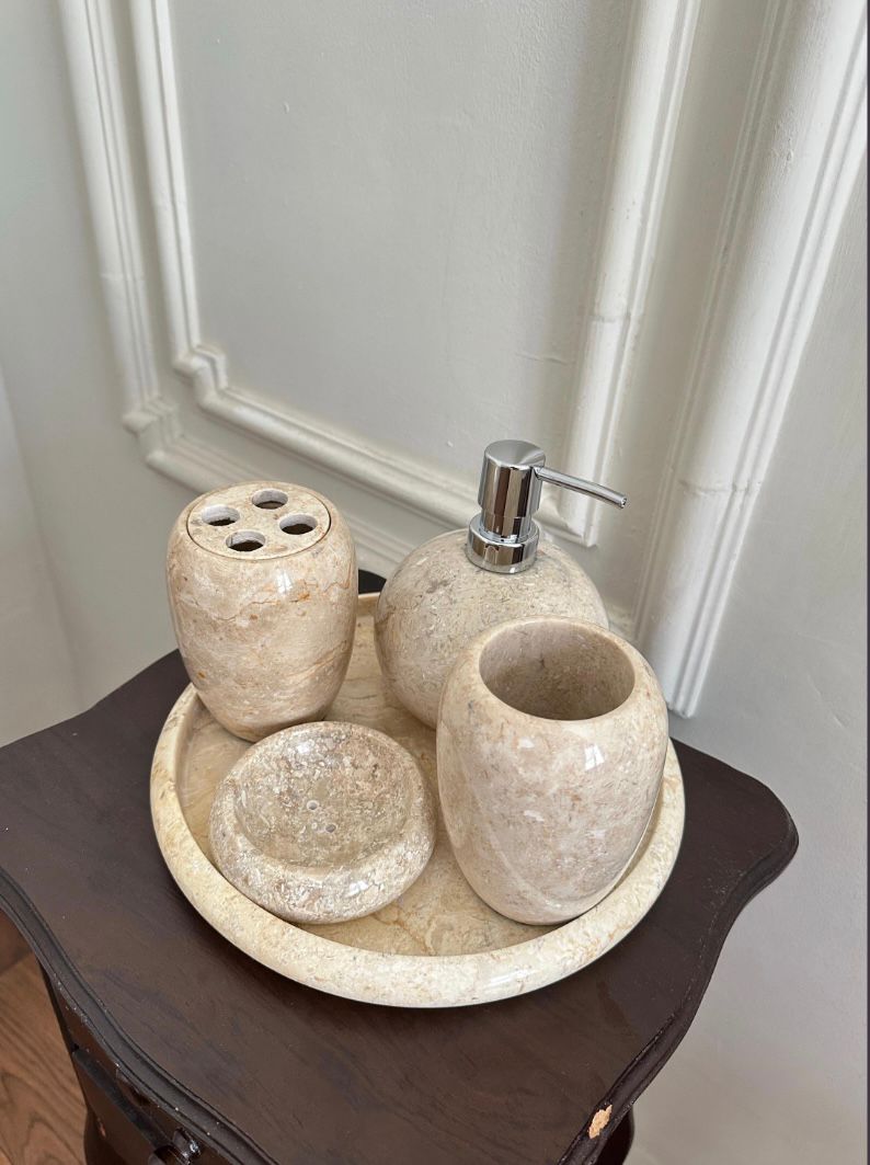 Set of 5 Marble Bathroom Accessories | Handmade Natural Stone Soap Dispenser | Hand Soap Refillable Pump