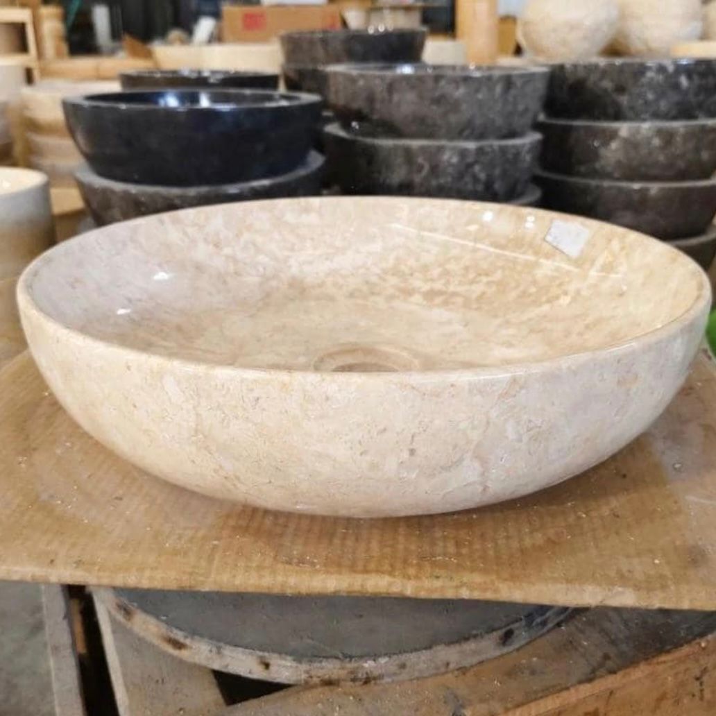 Handmade Beige Marble Vessel Sink β Polished Round Stone Basin