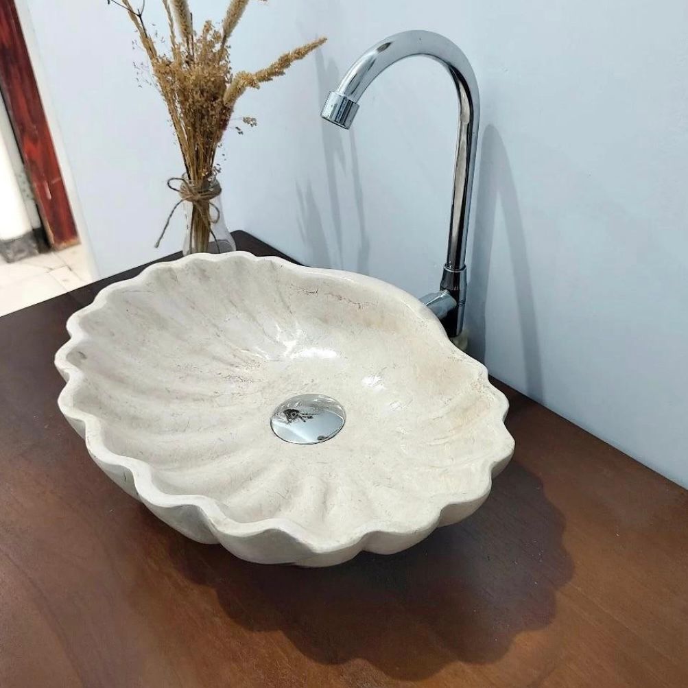 Handcrafted Shell-Shaped Real Marble Vessel Sink - Elegant Bathroom Vanity Basin