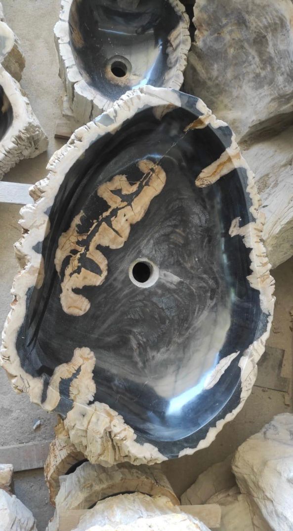 Petrified Wood Stone Sink – Natural Fossil Bathroom Vessel Basin | Rustic Vanity Bowl | Travertine Sink with size 60x40x15