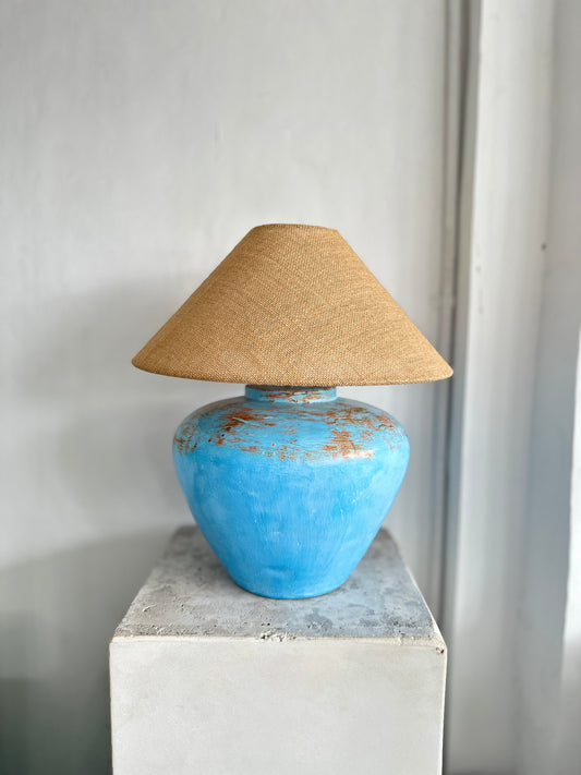 Handmade (Large) Coastal Blue Table Lamp | Wabi Sabi Nautical Terracotta Style Desk Lamp | Mediterranean Inspired Japandi Bohemian Lighting