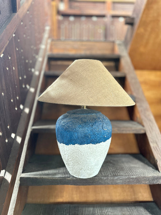 Large Blue/White Nautical Terracotta Style Table Lamp | Coastal Earthenware Desk Light | Japandi Wabi Sabi Inspired Light Shade