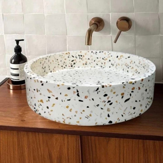 Handmade Round Terrazzo Concrete Vessel Sink – Multicolor Chip Modern Luxury Bathroom Basin