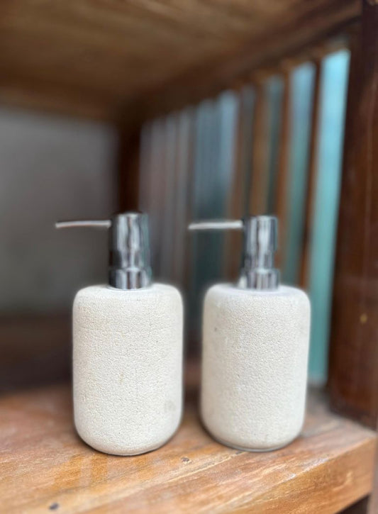Travertine Soap Dispenser Set of 2 | Wabi Sabi Bathroom Decor | Japandi Reusable Bottle | Handmade Natural Stone Bathroom Accessory