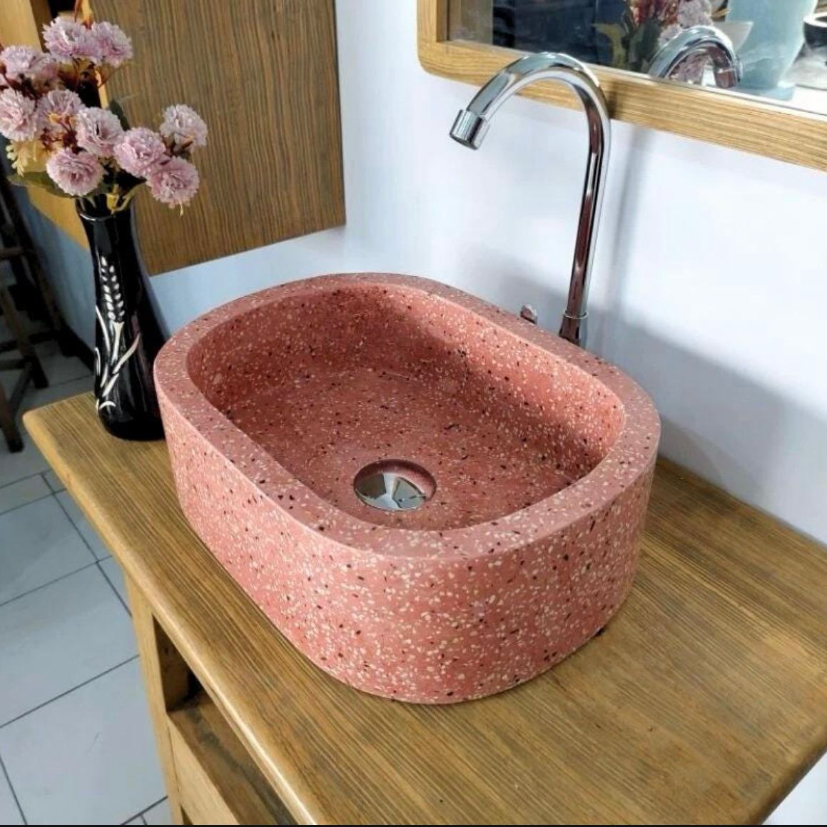 Handmade Pink Terrazzo Concrete Vessel Sink – Oval Bathroom Basin, Modern Luxury Vanity Bowl