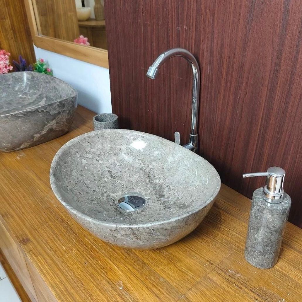 Natural Marble Oval Vessel Sink - Luxury Bathroom Vanity Basin, Handmade Stone Wash Bowl