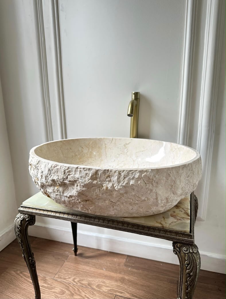 Handcarved Oval Natural Marble Vessel Sink | Rustic Natural Stone Luxury Bathroom Basin | Wabi Sabi Washbasin for Vanity
