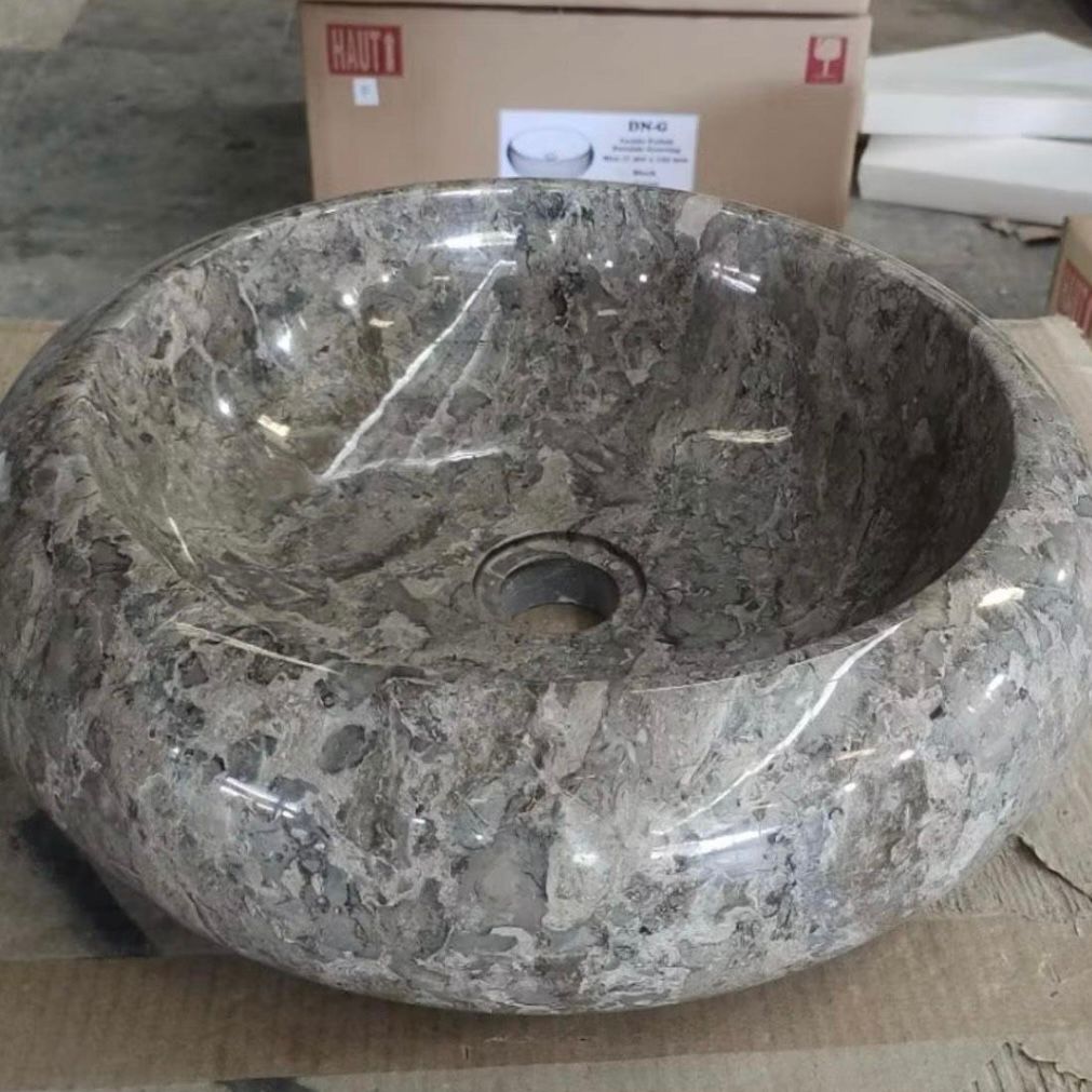 Grey & Beige Marble Donut Stone Sink 40 x 15cm | Wabi Sabi Japandi Round Washbasin