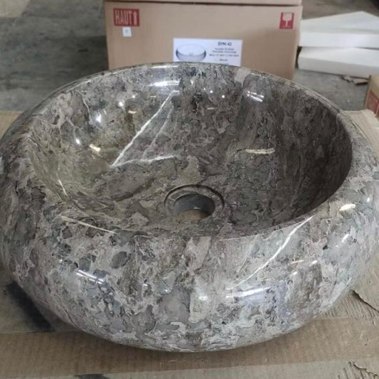 Grey & Beige Marble Donut Stone Sink 40 x 15cm | Wabi Sabi Japandi Round Washbasin