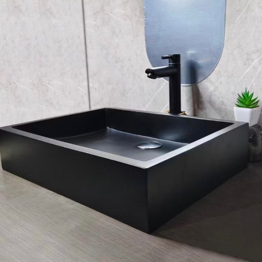 Black Concrete Sink – Handmade Rectangular Terazzo Bathroom Basin, Modern Minimalist Concrete Washbasin