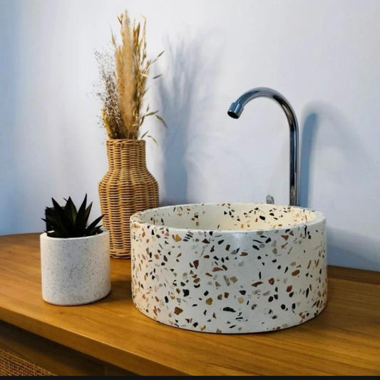 Handmade Round Terrazzo Concrete Vessel Sink – Multicolor Chip Modern Luxury Bathroom Basin