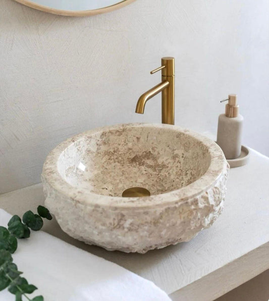 Marble Vessel Sink – Handcrafted Natural Stone Bathroom Basin Bowl | Japandi Rustic Washbasin for Luxury Bathroom