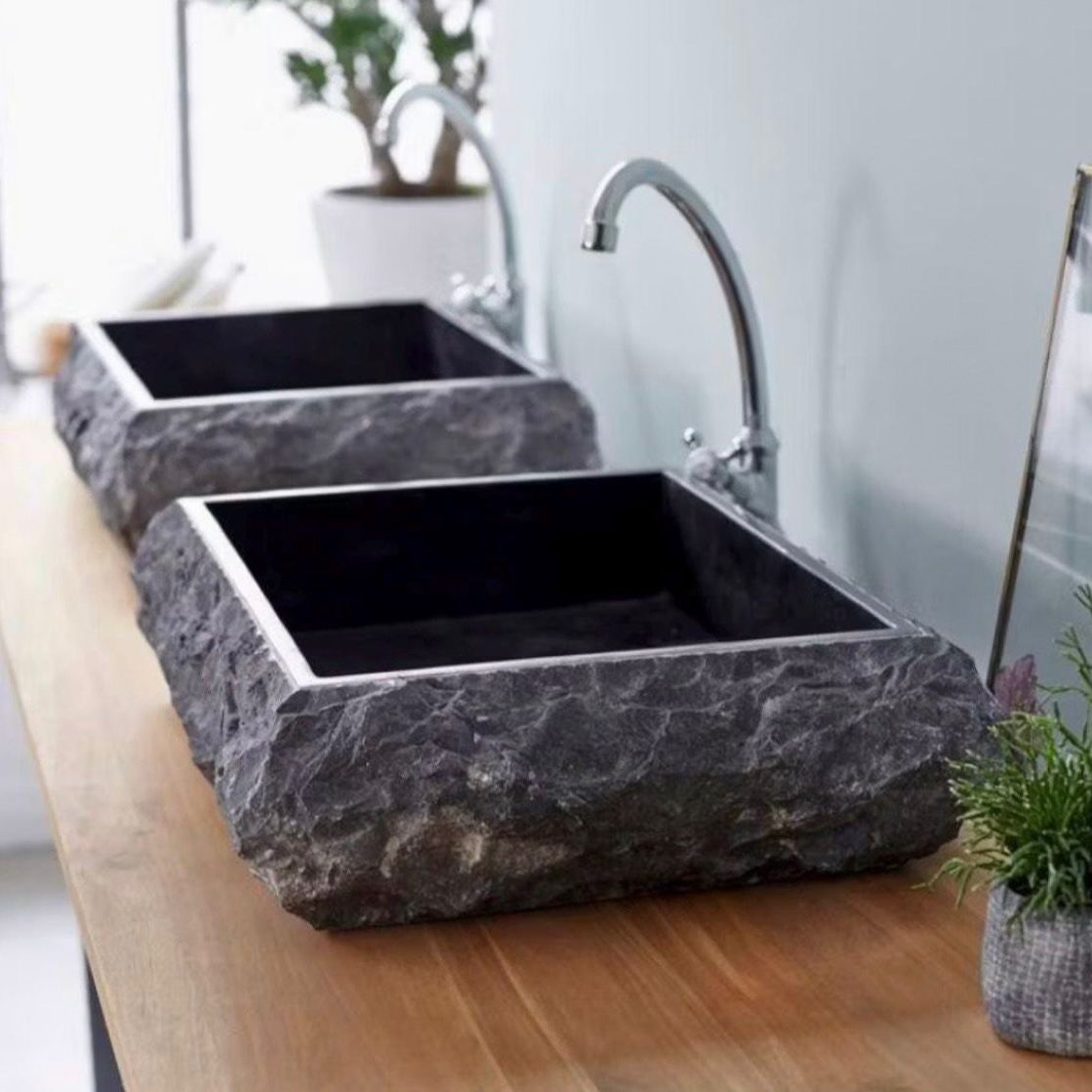 Rustic Square Marble Sink | Wabi Sabi Hand Carved Natural Stone Basin | Japandi Bathroom Decor