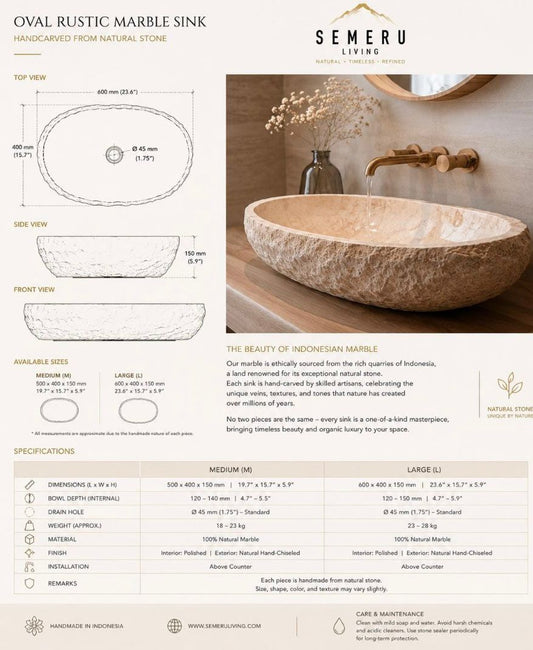 Oval Rustic Marble Sink Bowl - Luxury Travertine Vessel Basin for Modern, Minimalist, or Japandi Bathrooms