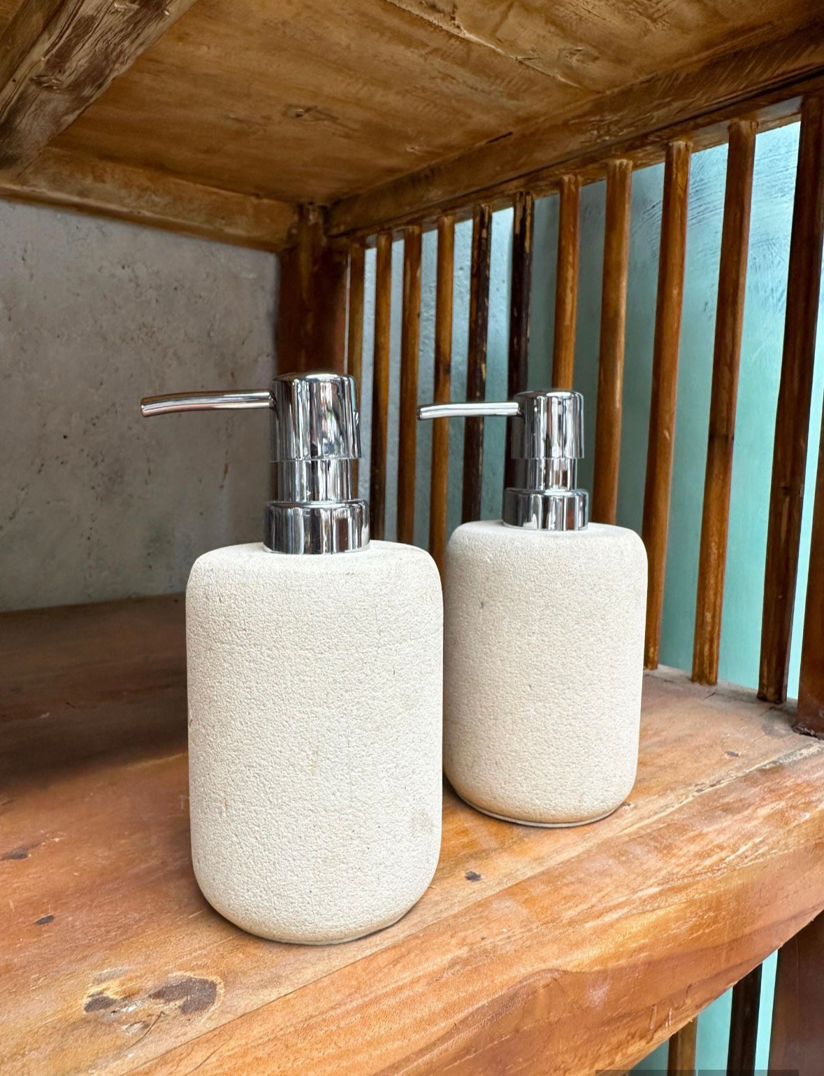 Travertine Soap Dispenser Set of 2 | Wabi Sabi Bathroom Decor | Japandi Reusable Bottle | Handmade Natural Stone Bathroom Accessory