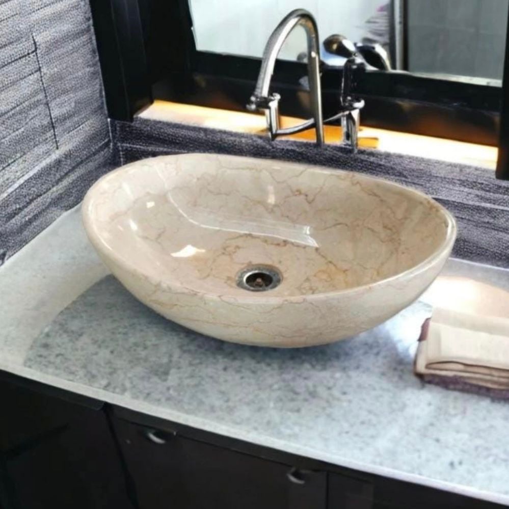 Natural Marble Oval Vessel Sink - Luxury Bathroom Vanity Basin, Handmade Stone Wash Bowl