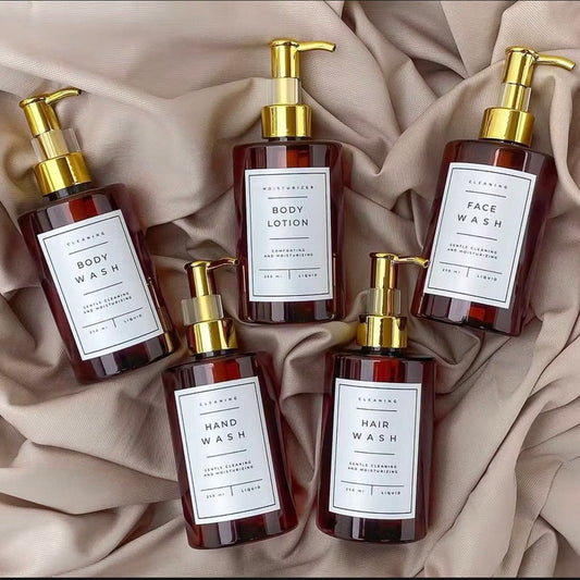Set of 2 Hotel Style Soap Dispenser Set | Luxury Amber Bathroom Accessories | Refillable Pump Bottle for Hand Wash, Shampoo & Lotion