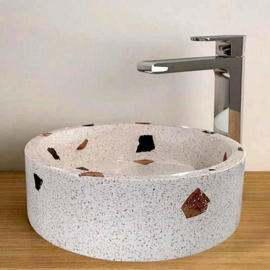 Handmade Round Terrazzo Concrete Vessel Sink – Cream Stone Modern Luxury Bathroom Basin