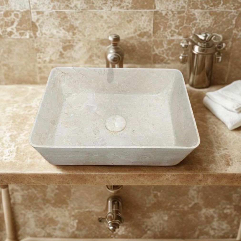 Handmade Rectangular Marble Vessel Sink – Polished Stone Bathroom Basin