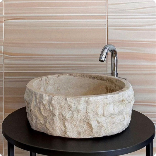Round Marble Sink | Rustic Natural Stone Vessel Basin for Wabi Sabi or Japandi Decor | Bathroom WashBasin