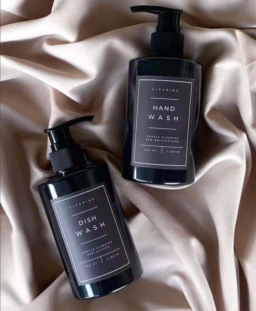 Set of 2 Black Glossy Soap Dispenser Bottle | Hand Wash & Dish Wash Pump | Refillable Kitchen and Bathroom Decor