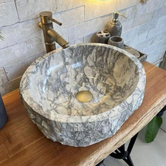 Rare Natural Marble Sink - Hand Carved Stone Vessel Basin - One of a Kind Luxury Bathroom Washbasin