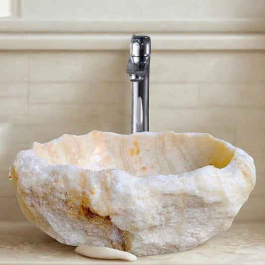 Translucent Onyx Marble Sink – Natural Marble Vessel Basin for Bathroom Vanity, Hand-Carved Stone Washbasin