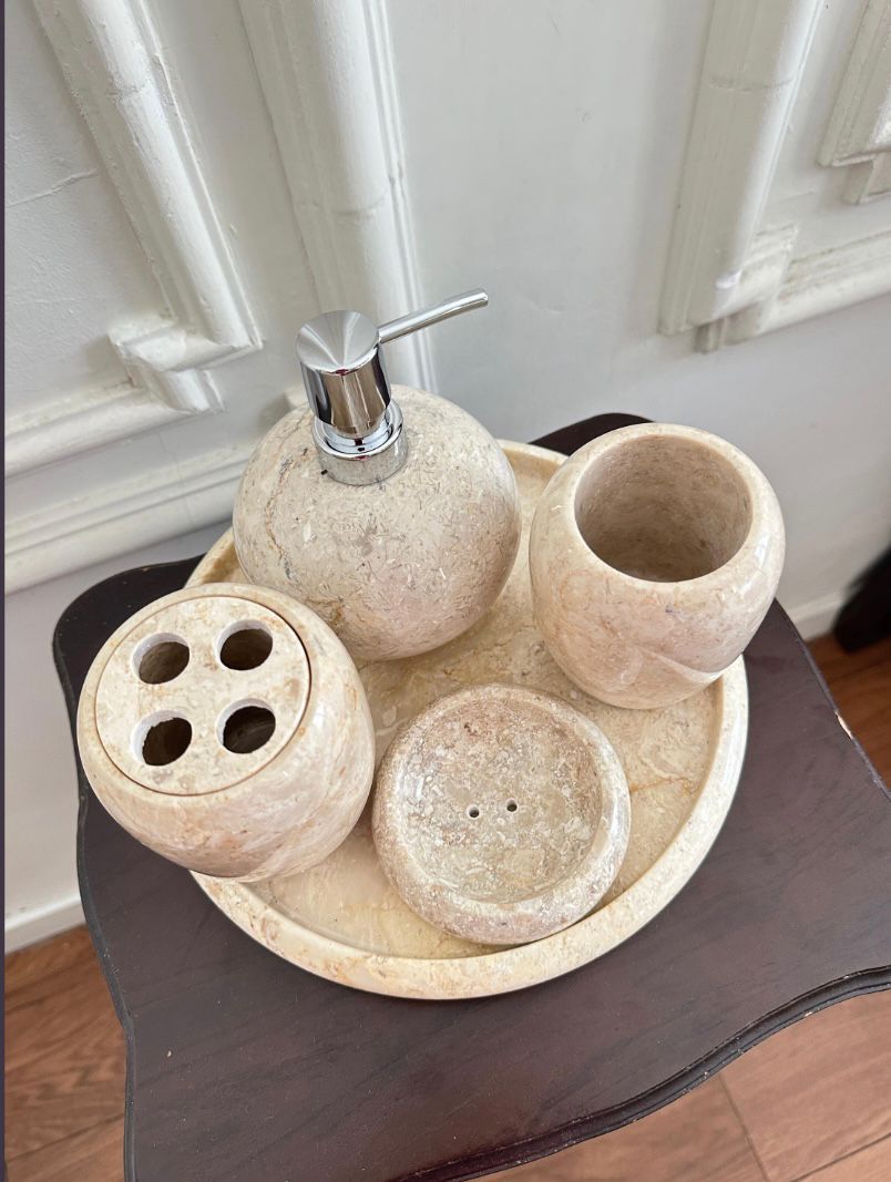 Set of 5 Marble Bathroom Accessories | Handmade Natural Stone Soap Dispenser | Hand Soap Refillable Pump