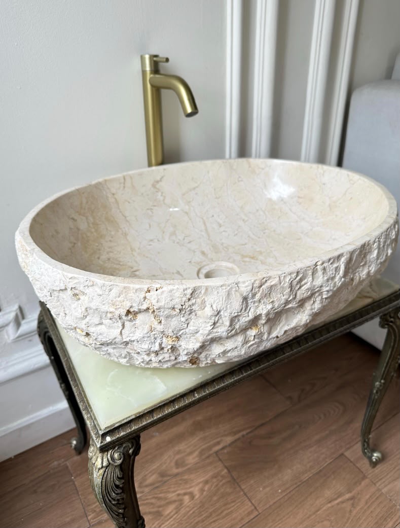 Handcarved Oval Natural Marble Vessel Sink | Rustic Natural Stone Luxury Bathroom Basin | Wabi Sabi Washbasin for Vanity