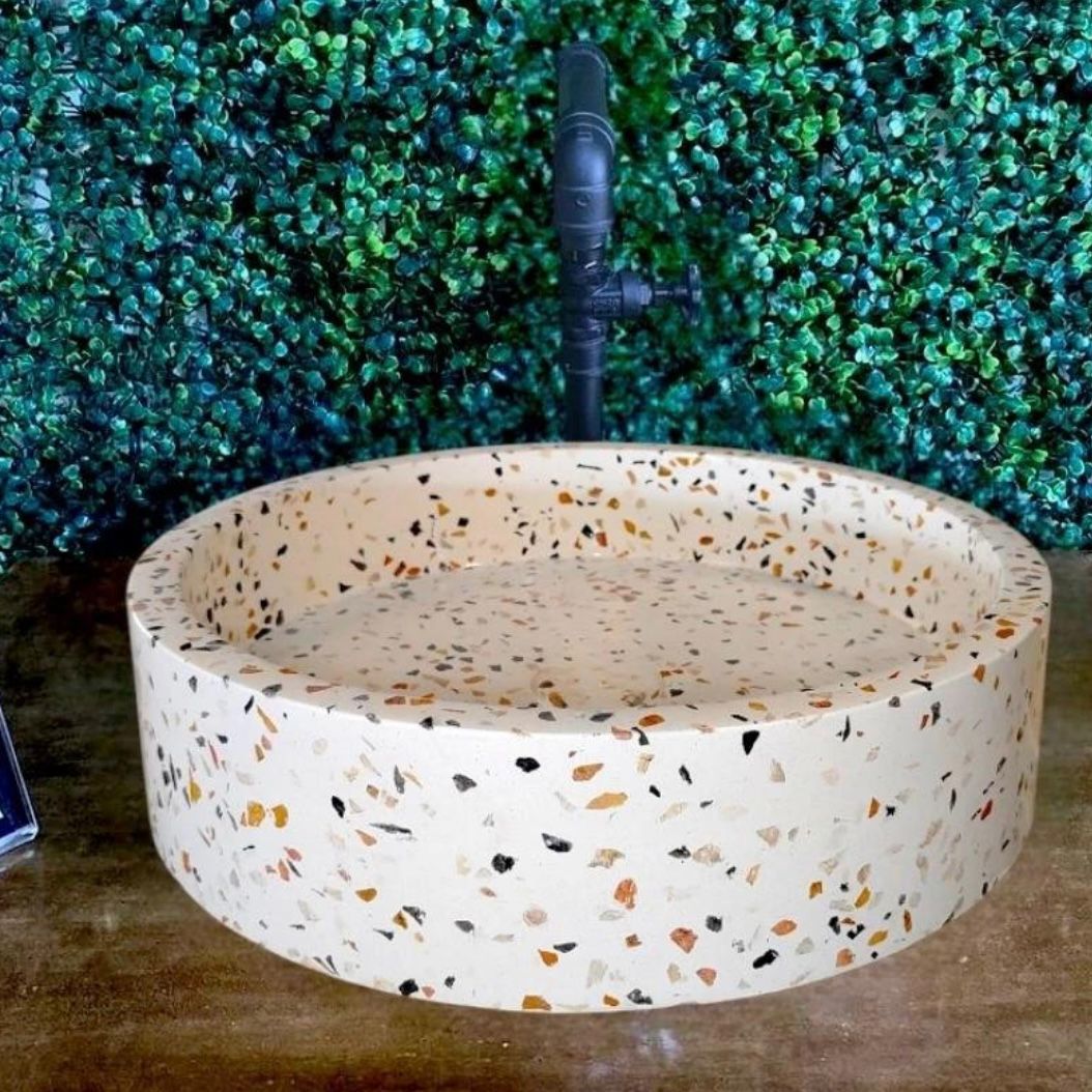 Handmade Round Terrazzo Concrete Vessel Sink – Multicolor Chip Modern Luxury Bathroom Basin