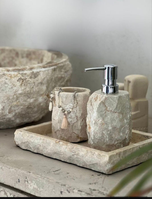 Marble Bathroom Accessory Set of 3 | Wabi Sabi Rustic Soap Dispenser Set with Tray | Housewarming Gift | Gift for Mom