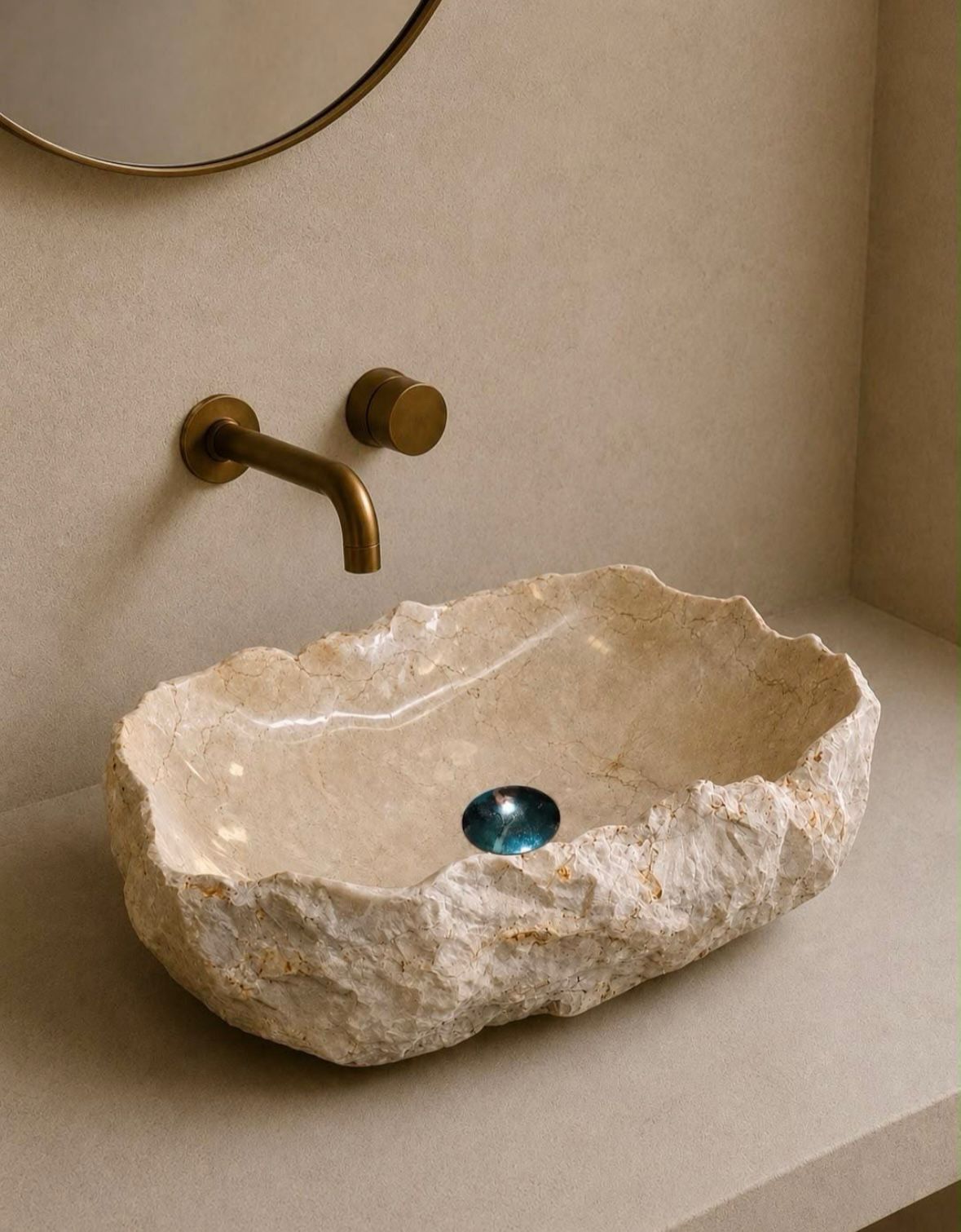 Handmade Beige Marble Vessel Sink – Natural Stone Bathroom Basin