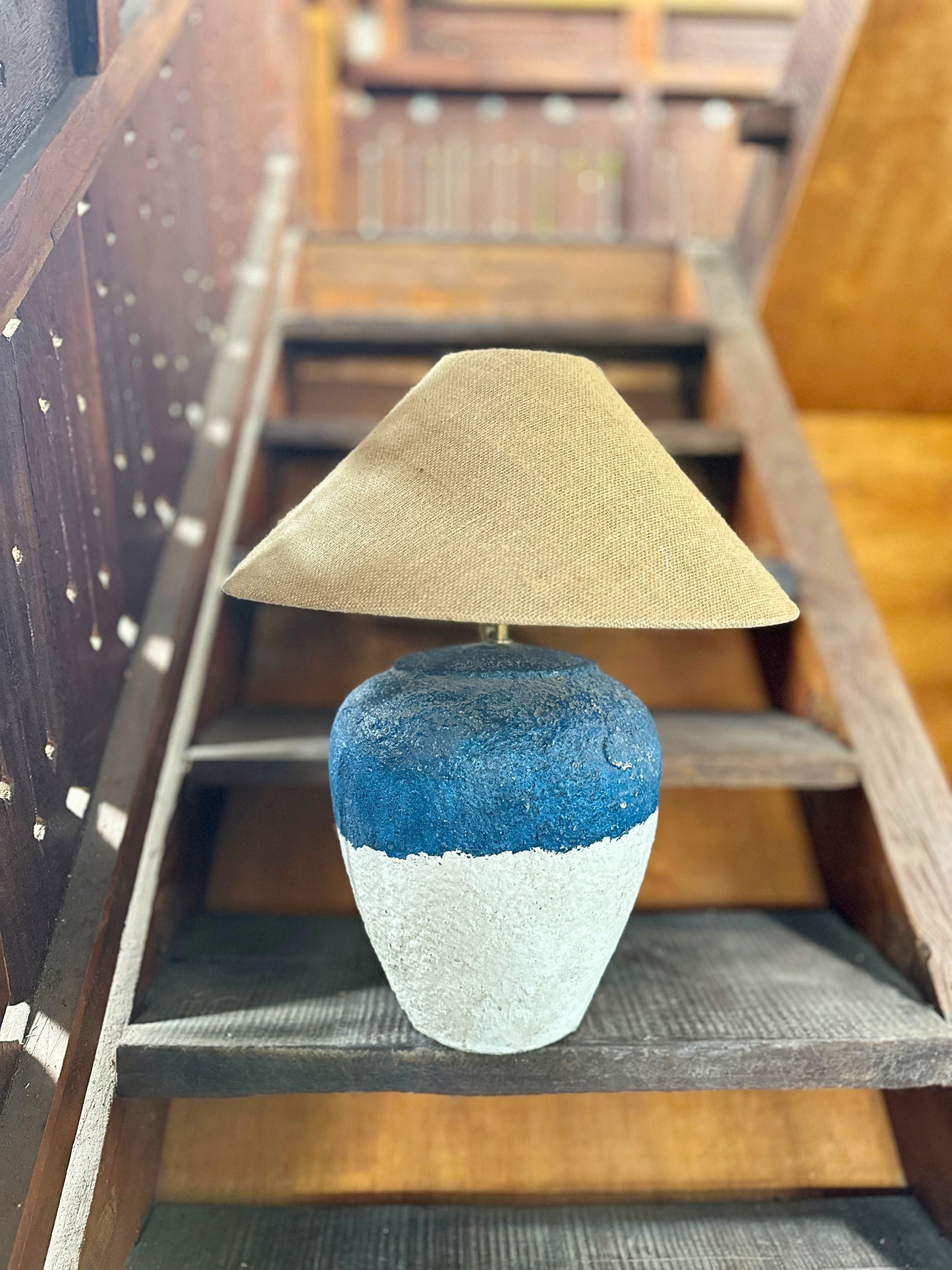 Large Blue/White Nautical Terracotta Style Table Lamp | Coastal Earthenware Desk Light | Japandi Wabi Sabi Inspired Light Shade