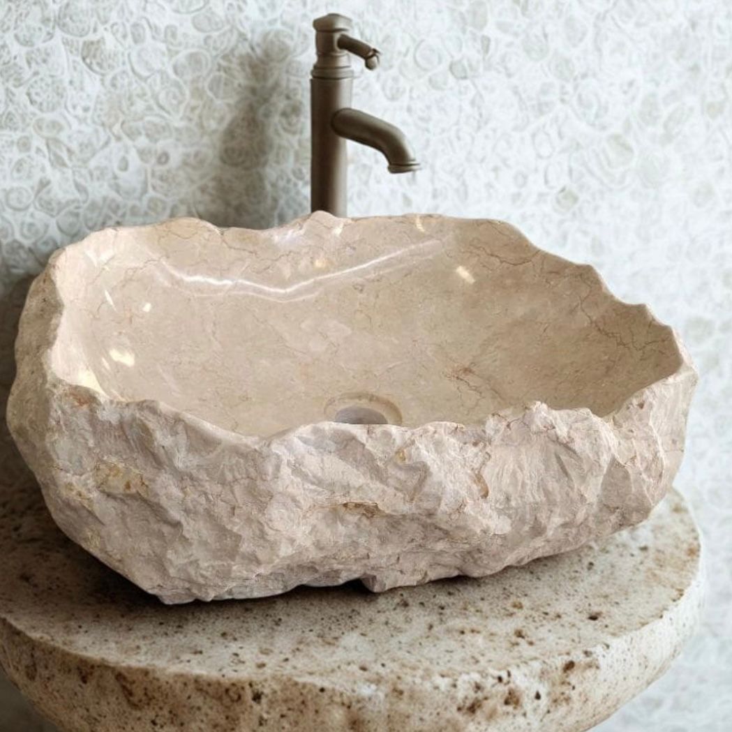 Handmade Beige Marble Vessel Sink – Natural Stone Bathroom Basin