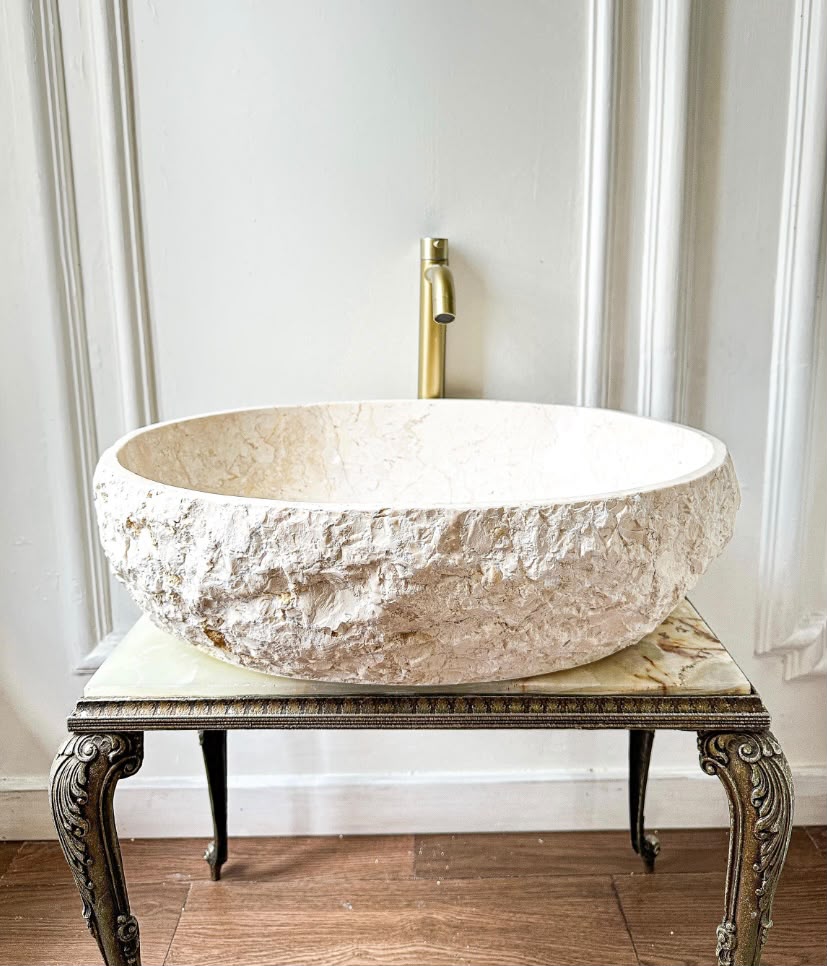 Handcarved Oval Natural Marble Vessel Sink | Rustic Natural Stone Luxury Bathroom Basin | Wabi Sabi Washbasin for Vanity