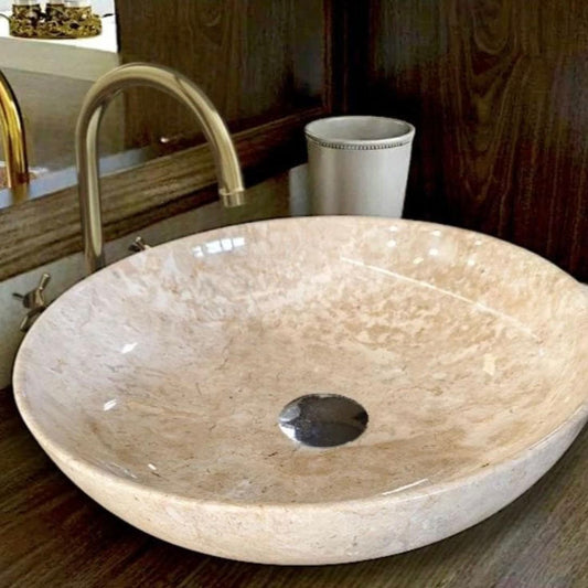 Handmade Beige Marble Vessel Sink – Polished Round Stone Basin