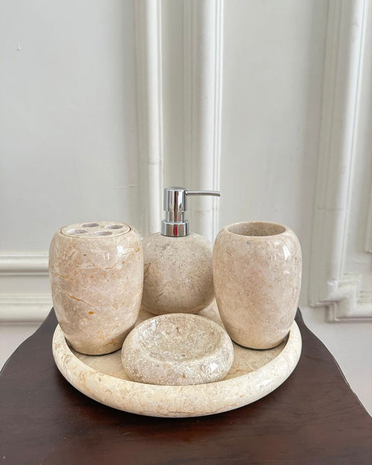 Set of 5 Marble Bathroom Accessories | Handmade Natural Stone Soap Dispenser | Hand Soap Refillable Pump