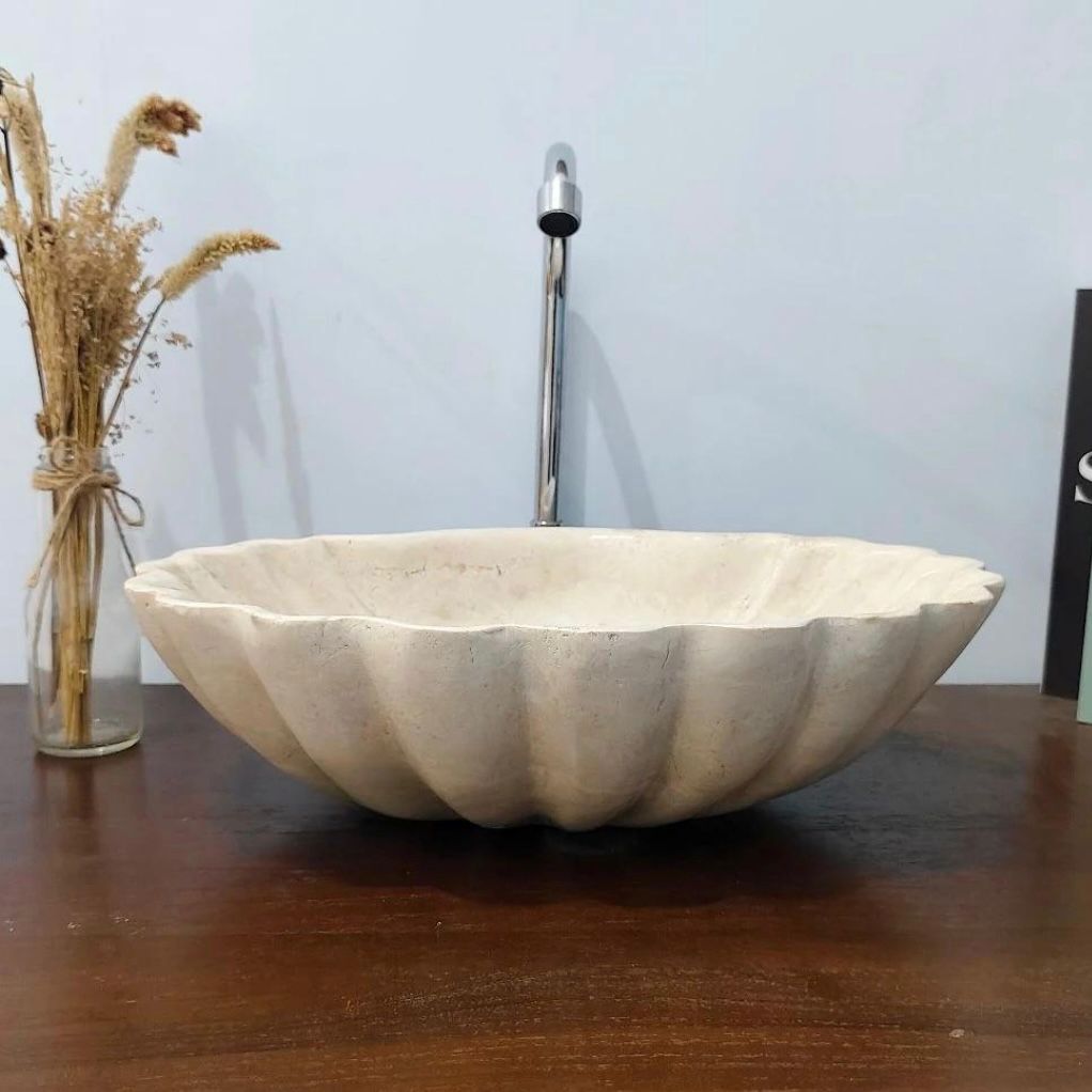 Handcrafted Shell-Shaped Real Marble Vessel Sink - Elegant Bathroom Vanity Basin