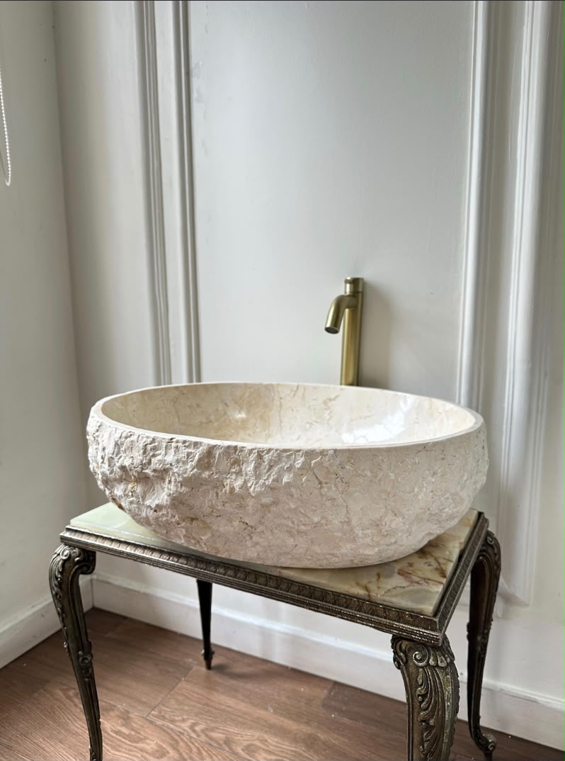Handcarved Oval Natural Marble Vessel Sink | Rustic Natural Stone Luxury Bathroom Basin | Wabi Sabi Washbasin for Vanity